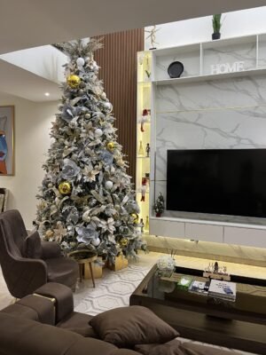 IMG_6401 12ft Frosted Christmas tree with gold, silver and touch of white ornaments