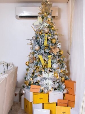 IMG_4747hhhn 8ft Frosted Christmas Tree With Silver, Gold And A Touch Of Rose Gold Ornaments