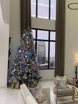 IMG_4835-po 12ft Frosted Christmas tree with gold, pink, blue and white ornaments