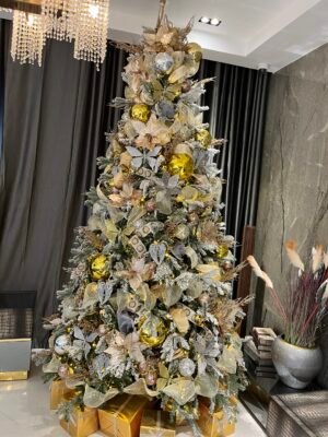 IMG_5985 10ft Frosted Christmas tree with gold and silver ornaments