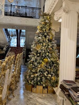 IMG_6161 12ft Frosted Christmas tree with gold and silver ornaments