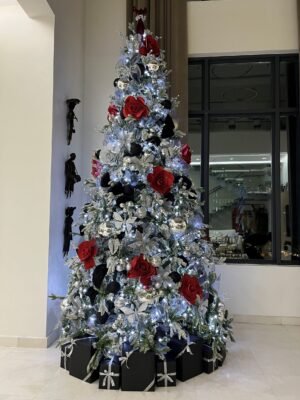 IMG_6565-l 12ft Frosted Christmas tree with Black, red and silver ornaments