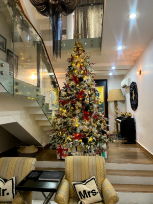 PhotoGrid_1698390205856 12ft Frosted Christmas tree with red and and gold ornaments