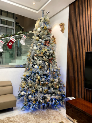 PhotoGrid_1698390221968 12ft Frosted Christmas tree with gold, silver, white and touch of red ornaments