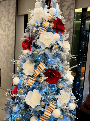 PhotoGrid_1698390359514-kj 8ft Frosted Christmas Tree With White, Silver And Gold With A Touch Of Red Ornaments
