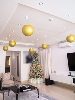 PhotoGrid_1698391286633 8ft Frosted Christmas tree with gold and blue ornaments