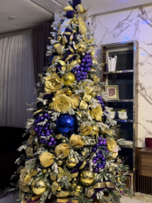 PhotoGrid_1703437293655vf 10ft Frosted Christmas tree with gold, blue and purple ornaments