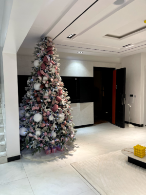 TGACC-jkjh (9) 12ft Frosted Christmas tree with pink, silver and white ornaments